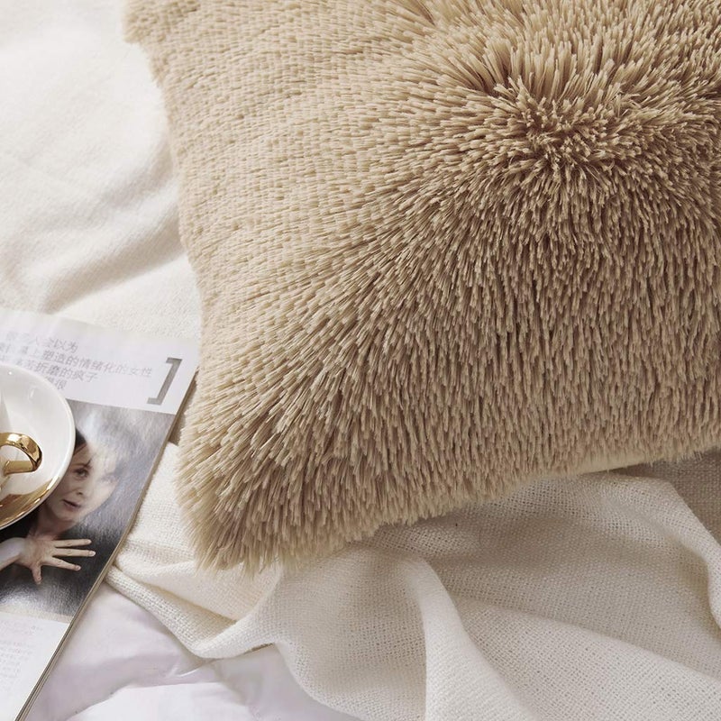 Uhamho Set of 2 Standard Pillowcases Faux Fur Throw Pillow Covers Queen Size Shams Soft Velvet Decorative Zipper Closure (Camel, 20"x26") - Image 4